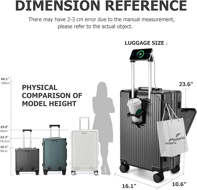 feilario 24in Aluminium Frame Zipperless PC Hard Shell Spinner Wheels Luggage, Built-In TSA lock Carry on Suitcase, with Cup Holder, USB Port, Phone Holder