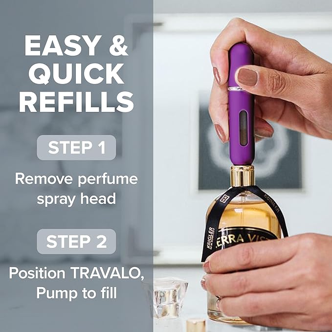 Travalo Classic HD Perfume Atomizer - Leak-Proof and TSA Approved for Air Travel - Reusable, Airtight, Easy-Fill Mini Pump Sprayer - Lightweight, Elegant Design w/Volume Window - Purple 0.17oz