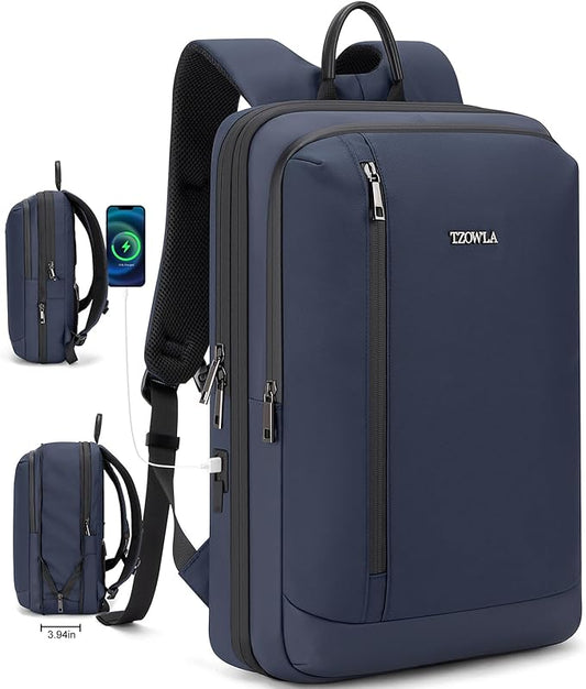 Tzowla Business Expandable Laptop Backpack for Men Professional,Slim Waterproof Backpacks for Travel/Work/Office/College with USB/Type C Charging Port,Lightweight Bag Fit 17.3 Inch Notebook(Blue)