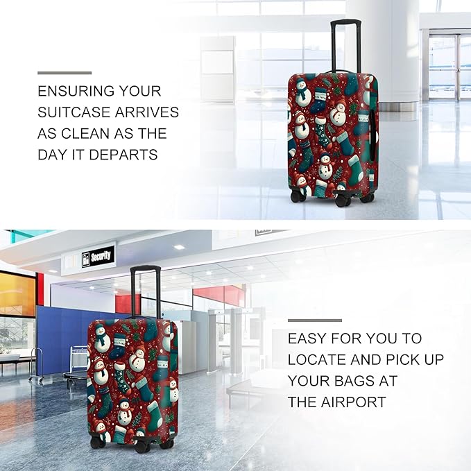 Christmas Luggage Cover - Allover Green Socks and White Snowmen Pattern on Dark Background, Stretchable Suitcase Protector for 24 26 Inch Travel Bags