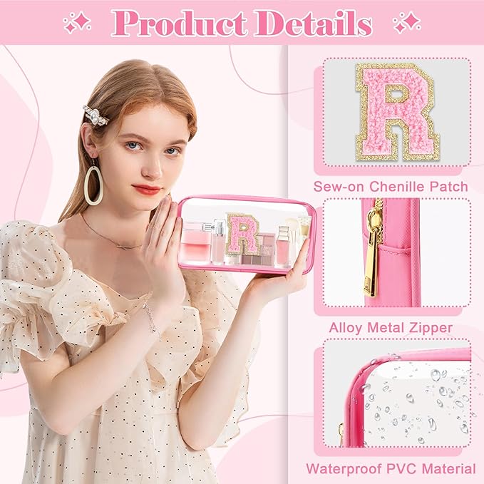 Personalized Initial Letter Clear Makeup Bag,Preppy Small Nylon&PVC Cosmetic Zipper Bag with Chenille Letter,Portable Beach Travel Skincare Toiletry Bag,Trendy Monogram Gift for Teen Girls Women,R