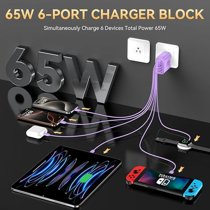 USB C Fast Charger Block, iPhone Charger Fast Charging Blocks 65W Multi Port Charger 6-Ports PD & QC Charging Cube Brick Power Adapter Type C Wall Chargers for iPhone 17/16/15/14/13/12 Pro Max, iPad