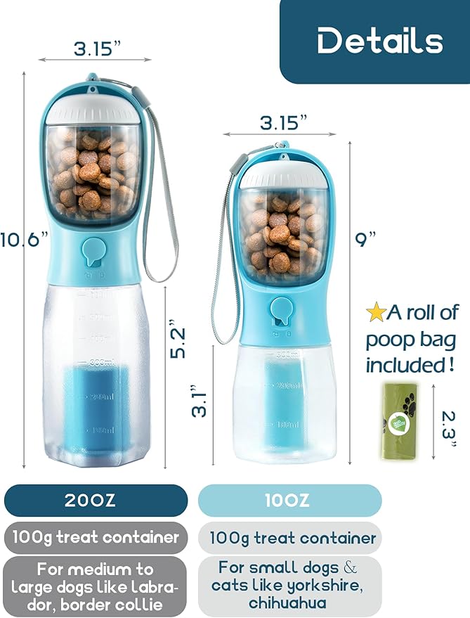 Portable Water Bottle for Dogs, 3 in 1 Pet Travel Bowl Dispenser with Food Treat Container & Poop Bag Holder, Summer Walking Hiking Accessories for Large Dog On The Go - Gray, 20oz