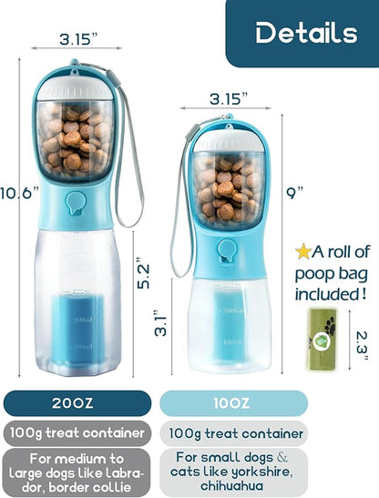 Portable Water Bottle for Small Dogs, 3 in 1 Pet Travel Bowl Dispenser with Food Treat Container & Poop Bag Holder, Summer Walking Hiking Accessories for Puppy On The Go - Blue, 10oz