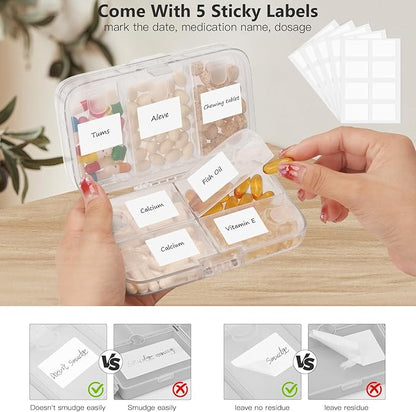 FYY Weekly Pill Organizer with Labels,8 Compartments Travel Daily Pill Case Airtight Moistureproof Large Pill Box to Hold Vitamins, Fish Oil, Supplements,Cotton Swab and Bandages-Clear