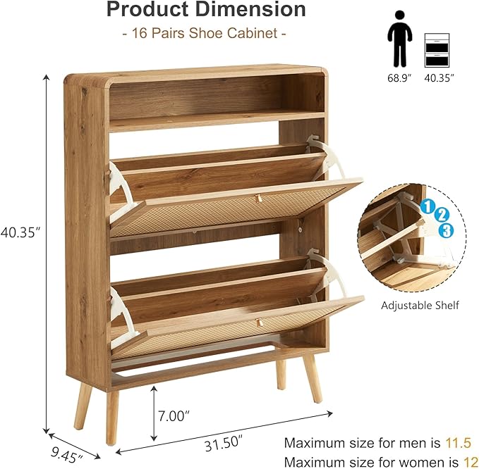 Rattan Shoe Cabinet with 2 Flip Drawers, 32 Pairs Narrow Shoe Storage Cabinet for Entryway Freestanding Hidden Shoe Rack, Modern Slim Wood Shoe Organizer for Hallway, Natural