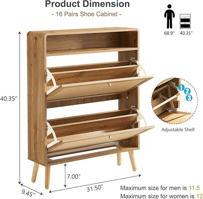 Rattan Shoe Cabinet with 2 Flip Drawers, 32 Pairs Narrow Shoe Storage Cabinet for Entryway Freestanding Hidden Shoe Rack, Modern Slim Wood Shoe Organizer for Hallway, Natural