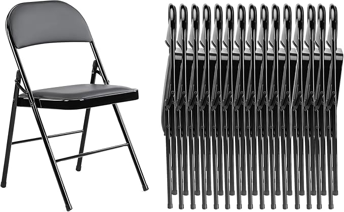 Folding Chairs 16 Pack, Portable Stackable Commercial Chair, Indoor Outdoor Padded Leather Chair with Sturdy Metal Frame, for Home, Office, or Party Events. (Black, 16 Pack)