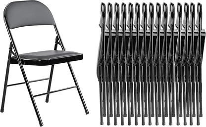 Folding Chairs 16 Pack, Portable Stackable Commercial Chair, Indoor Outdoor Padded Leather Chair with Sturdy Metal Frame, for Home, Office, or Party Events. (Black, 16 Pack)