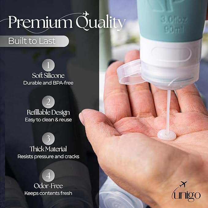 unigo Travel Bottles For Toiletries, 3 oz TSA Approved Containers, Travel Size Toiletries, Shampoo and Conditioner Bottles, Leak Proof and Refillable Bottles, BPA Free, Extra Bottle Covers (Gray)