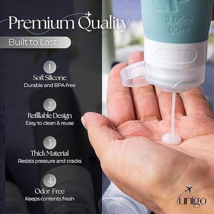 unigo Travel Bottles For Toiletries, 3 oz TSA Approved Containers, Travel Size Toiletries, Shampoo and Conditioner Bottles, Leak Proof and Refillable Bottles, BPA Free, Extra Bottle Covers (Gray)