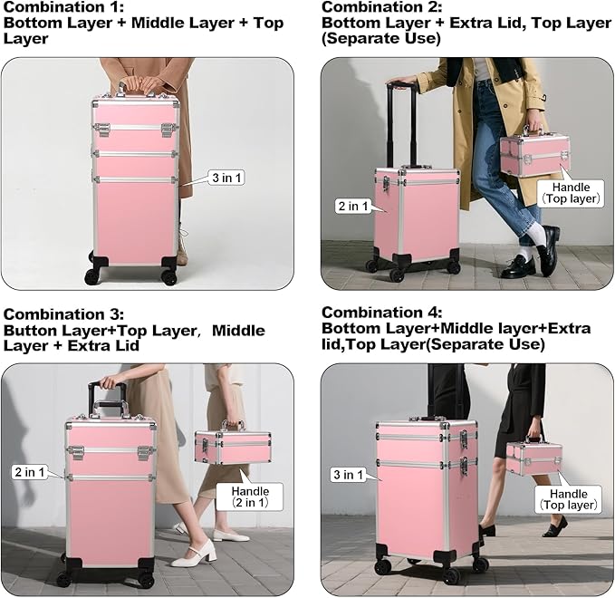 Rolling Makeup Case, Cosmetology Case on Wheels with Large Storage, Durable Design, Ideal Gift for Makeup Artists, Hairstylists, Nail Techs, Portable Beauty Organizer for Travel or Salon Use, Pink