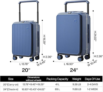 mixi Carry On Luggage 20'' Suitcase with Front Laptop Pocket, Wide Handle Rolling Travel Suitcases PC Hardshell with Aluminum Frame Spinner Wheels & TSA Lock, Carry-On Luggage(Sapphire Blue)