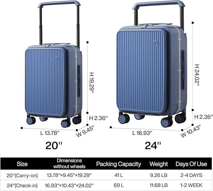 mixi Luggage Suitcases with Spinner Wheels 24'' Travel Luggage wih Front Laptop Pocket, Wide Handle PC Hardshell Suitcase with TSA Lock & Cover, Checked Luggage(Sapphire Blue)