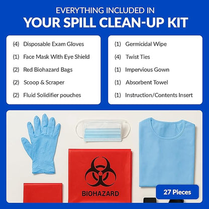 School Health 27‑Piece Bodily Fluid Spill Clean Up Kit – Bloodborne Pathogen Protection with PPE, Biohazard Bags & Wipes – OSHA Compliant Response Kit for Schools, Clinics & Infectious Materials