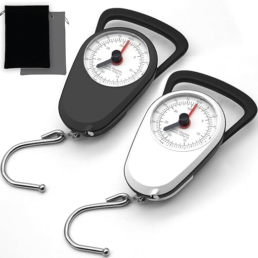 2PC Portable Luggage Weight Scale with Hook- Black & White Fishing Hanging Scale Mechanical Kitchen, Multi-Purpose Travel Suitcase Scale with Tape Measure (80 Lbs)