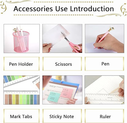 Office Supplies,Desk Accessories, Stapler and Tape Dispenser Set for Women with Stapler, Tape Dispenser, Staple Remover, Staples, Clips, Scissor and Tabs,Gift for Students, Coworkers