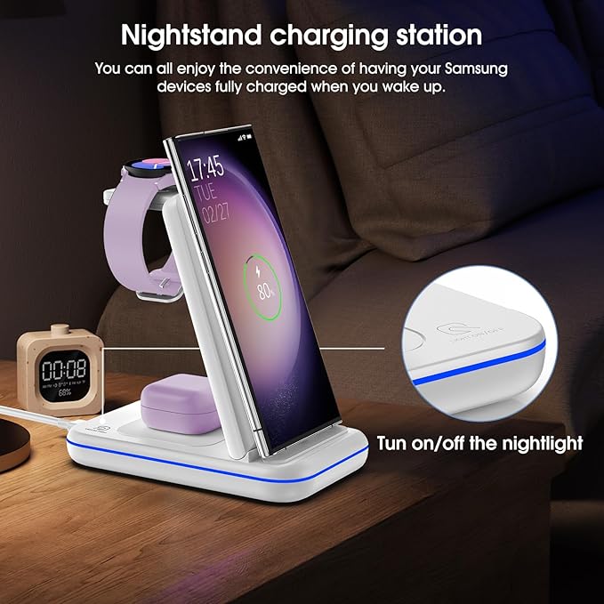 Wireless Charging Station for Samsung/Android, Fast Wireless Watch Charger Station Compatible for Samsung Galaxy S25 Ultra/S24/S23+/Z Flip 7/6 Fold 7/6, Watch8/7/Pro/Active 2 Galaxy Buds3/2 Pro(White)