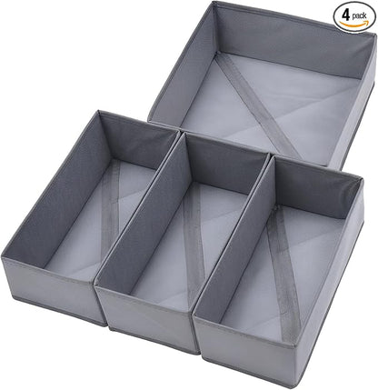 Drawer Organizer Set 4 Pack Gray, Fabric Dresser Organizer 11"x5.5"x4.8" & 11"x11"x4.8", Foldable Storage Drawers for Clothes Underwear Socks Bra Baby Dresser Closet