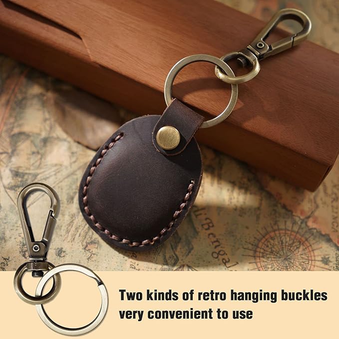 Genuine Leather Airtag Holder, Portable Air Tag Keychain with Key Rings Full Coverage Air Tags Hidden Case Cover Compatible for AirTags Dark Brown