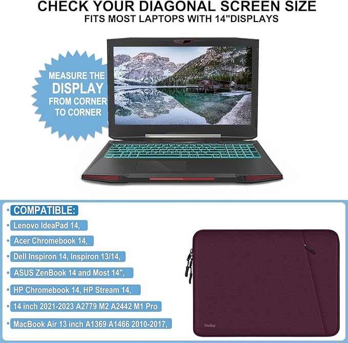 Laptop Sleeve 14 inch, Shockproof Protective Computer Bag with Accessories Pocket, Portable Laptop Case Compatible for 14 inch MacBook Air/Pro, Dell, HP, Acer, Asus, Lenovo, Magenta