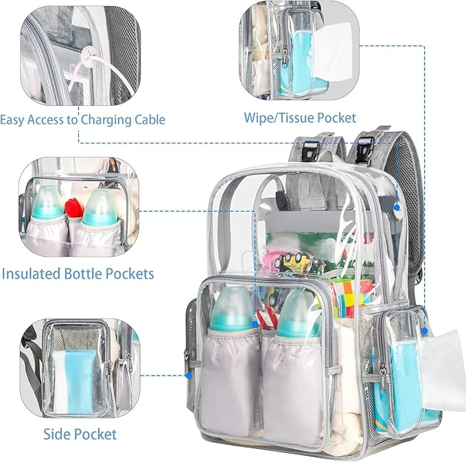 Mancro Diaper Bag Backpack, Clear Baby Bag Heavy Duty Transparent Backpack for Girls Boys, Multifunction Large Travel Backpack Maternity Baby Changing Bags for Mom with Stroller Straps, Grey