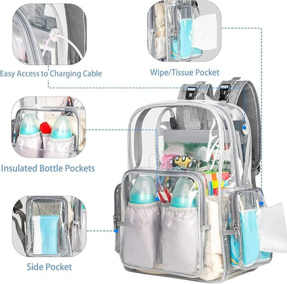 Mancro Diaper Bag Backpack, Clear Baby Bag Heavy Duty Transparent Backpack for Girls Boys, Multifunction Large Travel Backpack Maternity Baby Changing Bags for Mom with Stroller Straps, Grey