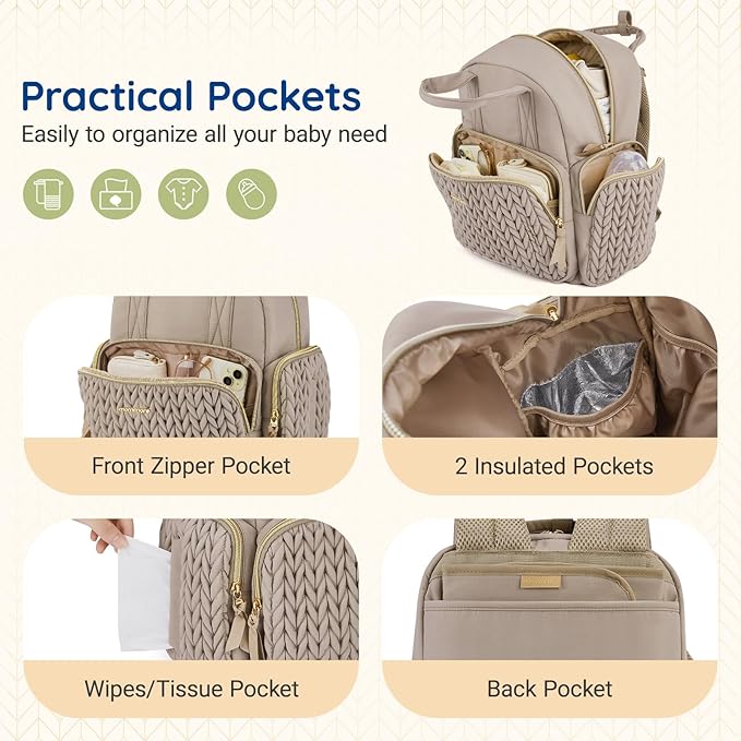 mommore Diaper Bag Backpack Small Diaper Backpack Mini Travel Baby Bag Quilted Diaper Bag with Insulated Pockets, Stroller Straps