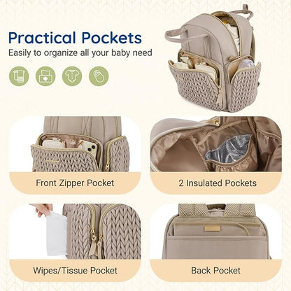 mommore Diaper Bag Backpack Small Diaper Backpack Mini Travel Baby Bag Quilted Diaper Bag with Insulated Pockets, Stroller Straps