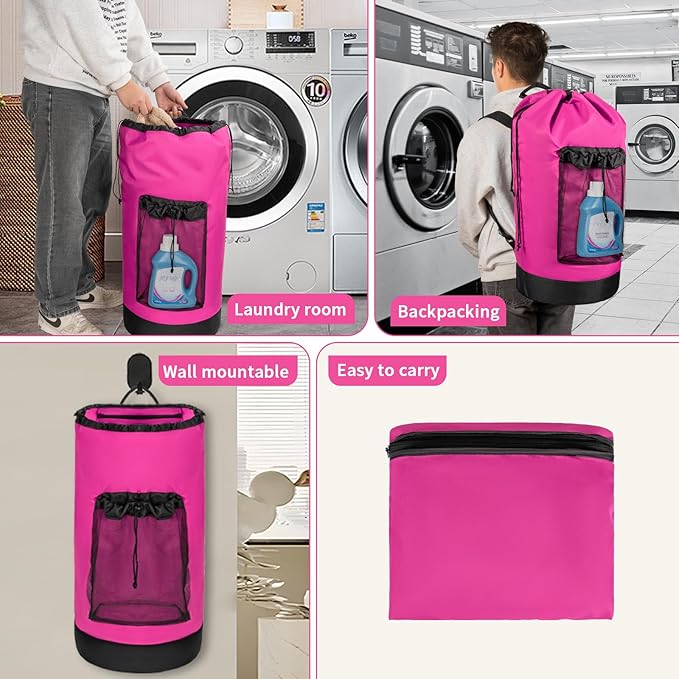 Laundry Bag Backpack with Shoulder Straps and Mesh Pocket Foldable Clothes Hamper Bag with Drawstring Closure for College, Apartment, Laundromat (Pink)