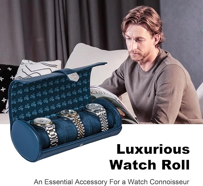 DUKWIN Watch Roll for 3 Watches, Vegan Leather Travel Watch Case Organizer with Removable Pillows for Men and Women,Display Case for Watches Collection and Gift for Anniversary Birthday(Blue Storage)