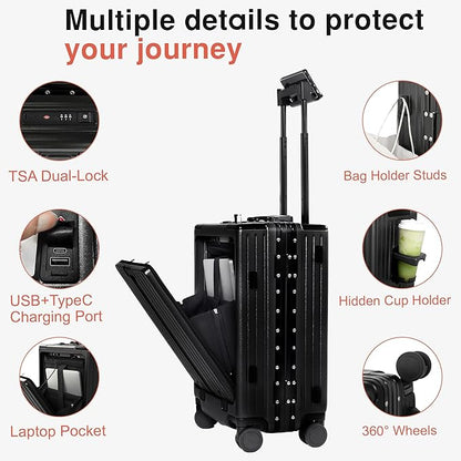 24 Inch Check-In Luggage Aluminum Frame Zipperless Luggage, Hard Shell Suitcase TSA Approved Checked Luggage, ABS+PC Lightweight Zipperless Suitcase with Spinner Wheels (Black)