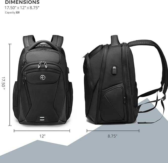 Swissdigital Design Men's Laptop Backpack for College and Business Travel with Integrated USB Charging Port and RFID Protection Fits Laptops up to 15.6 Inch, Black | SD1695-01
