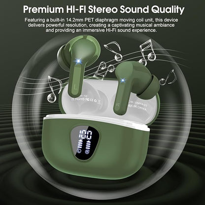 Wireless Earbuds, Bluetooth 5.4 Headphones HiFi Stereo, Bluetooth Earbuds with ENC Noise Cancelling Mic, IP7 Waterproof in Ear Earphones, 48H, LED Display Ear buds for Pad Phones Workout Sports, Green