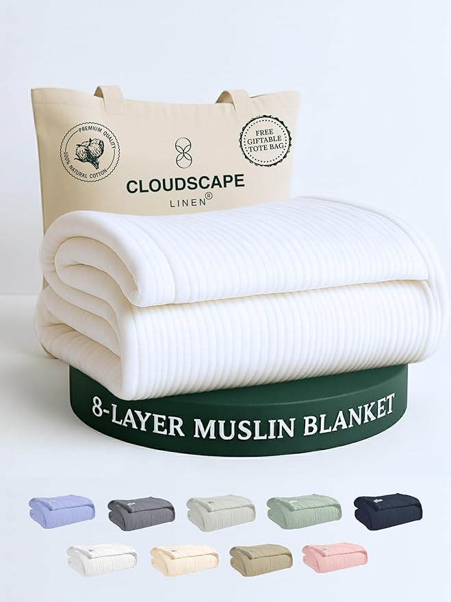 Cloud Scape Linen 8-Layer Muslin Blanket King Size for Adult - 100% Cotton, Heavy Weighted and Soft, All Season, Winter Cozy Blanket, Fits up to California King Bed, 92x108, White