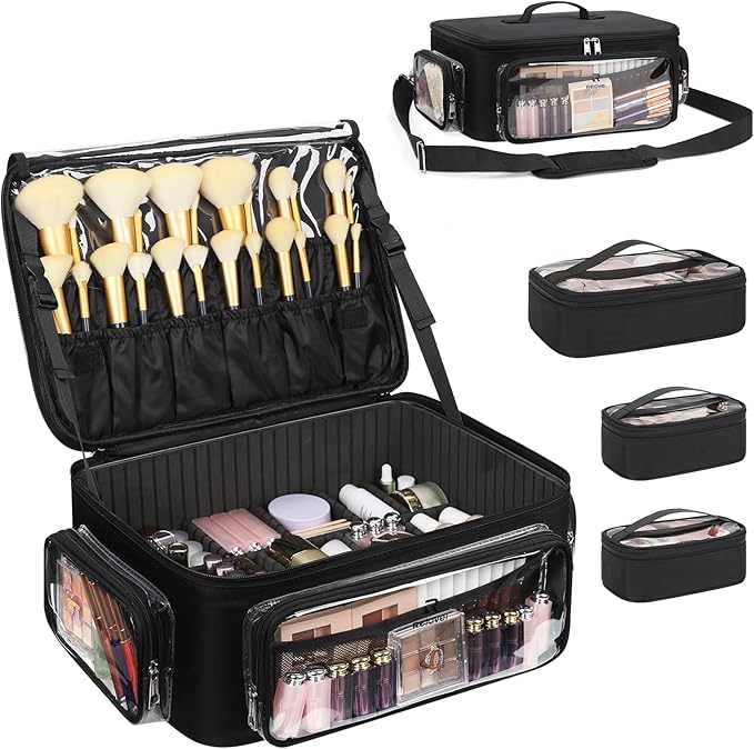Large Makeup Case Cosmetic Organizer Box Brush Holder, Travel Makeup Train Case with 3 Clear Bags, Professional Makeup Artist Bag Cosmetic Case with Adjustable Dividers and Shoulder Strap