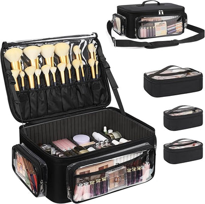 Large Makeup Case Cosmetic Organizer Box Brush Holder, Travel Makeup Train Case with 3 Clear Bags, Professional Makeup Artist Bag Cosmetic Case with Adjustable Dividers and Shoulder Strap