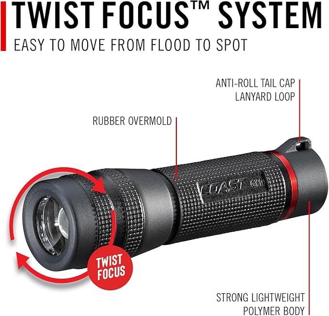 Coast GX10 550 Lumen Compact & Waterproof Dual Power LED Flashlight with Grip-Textured Handle, 4 Light Modes, Twist Focus™ & Pure Beam® Technology
