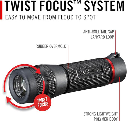 Coast GX10 550 Lumen Compact & Waterproof Dual Power LED Flashlight with Grip-Textured Handle, 4 Light Modes, Twist Focus™ & Pure Beam® Technology