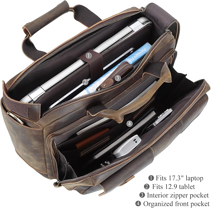 TIDING Full Grain Leather Briefcase For Men 17 Inch Laptop Case Business Travel Office Messenger Shoulder Bag