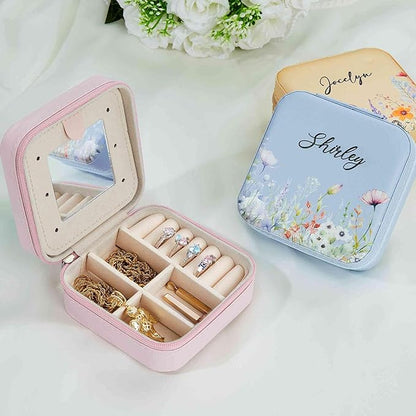 Personalized Name Travel Jewelry Case with Watercolor Flower - Custom Name Travel Jewelry Box with Mirror Birthday Gift for Her - Small Floral Leather Jewelry Organizer for Women Bridesmaid Girl