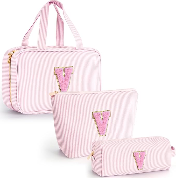 Cute Gifts Travel Toiletry Makeup Bag - Travel Cosmetic Bag for Women Yoga, Picnic, Personalized Friend Birthday Gifts with Monogram - Pink V