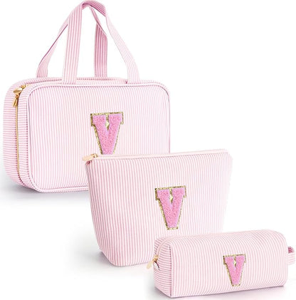 Cute Gifts Travel Toiletry Makeup Bag - Travel Cosmetic Bag for Women Yoga, Picnic, Personalized Friend Birthday Gifts with Monogram - Pink V