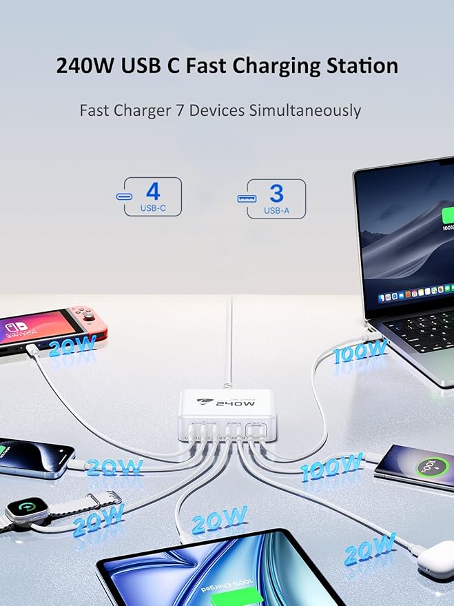 Anker 7-Port GaN USB C Charging Station - 100W Laptop USB C Fast Charger - Compact Wall Charger Adapter for MacBook Pro/Air, iPhone 16/15/14/13, Samsung S24