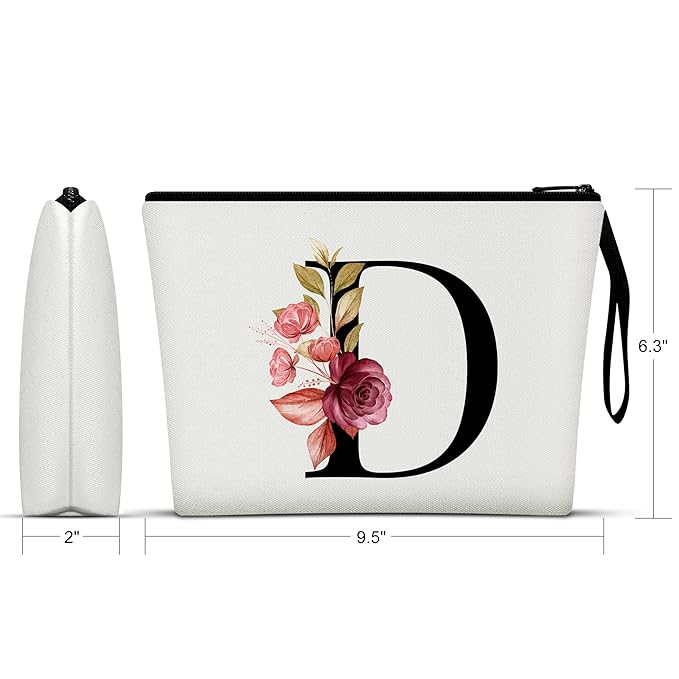 Vavabox A-Z Personalized Makeup Bag, Birthday Gifts for Women Mom, Gifts for Best Friend, Bride Bridesmaid Cosmetic bag (D, White)