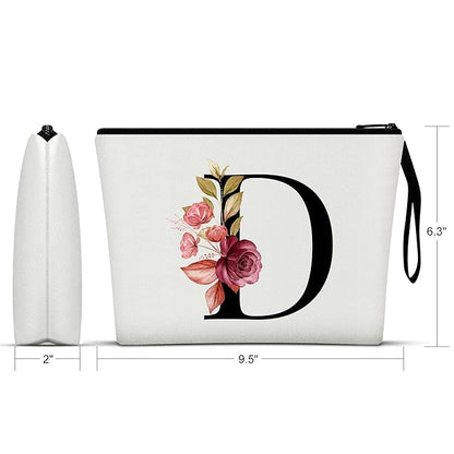 Vavabox A-Z Personalized Makeup Bag, Birthday Gifts for Women Mom, Gifts for Best Friend, Bride Bridesmaid Cosmetic bag (D, White)