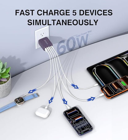 60W 2-Pack USB C Wall Charger Block, 5-Port C Charger Fast Charging Block PD Power Adapter +QC 3.0 Multiport Type C Box Brick Cube USB A Wall Plug for iPhone 14/15/16/17 Pro Max,Samsung Galaxy(Purple)