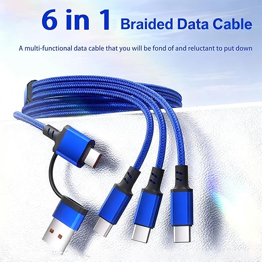 USB Cable PD Fast Charger Lighted Up (USB 6IN1 Braid Blue),A Mobile Phone Data Cable, specifically a Fast Charging Cable, Crafted from Nylon Braided Material.