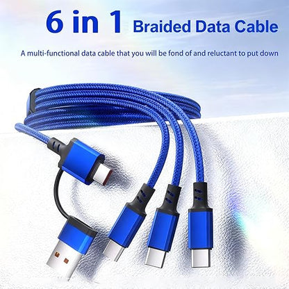 USB Cable PD Fast Charger Lighted Up (USB 6IN1 Braid Blue),A Mobile Phone Data Cable, specifically a Fast Charging Cable, Crafted from Nylon Braided Material.