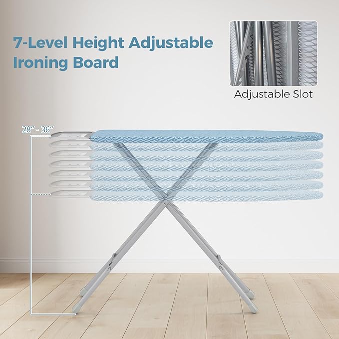 COSTWAY Ironing Board Full Size, 57” x 15” Foldable Iron Stand w/ 7-Level Height Adjustable, Heat-Resistant Ironing Cover, Heavy-Duty Metal Frame, Compact Iron Table for Home, Laundry Room (Blue)